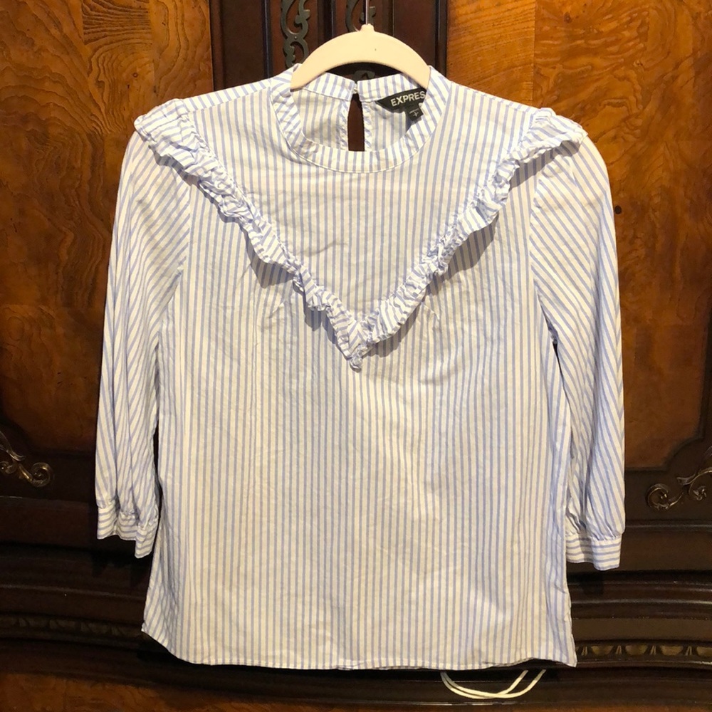 Express blue and white stripe ruffle top size small